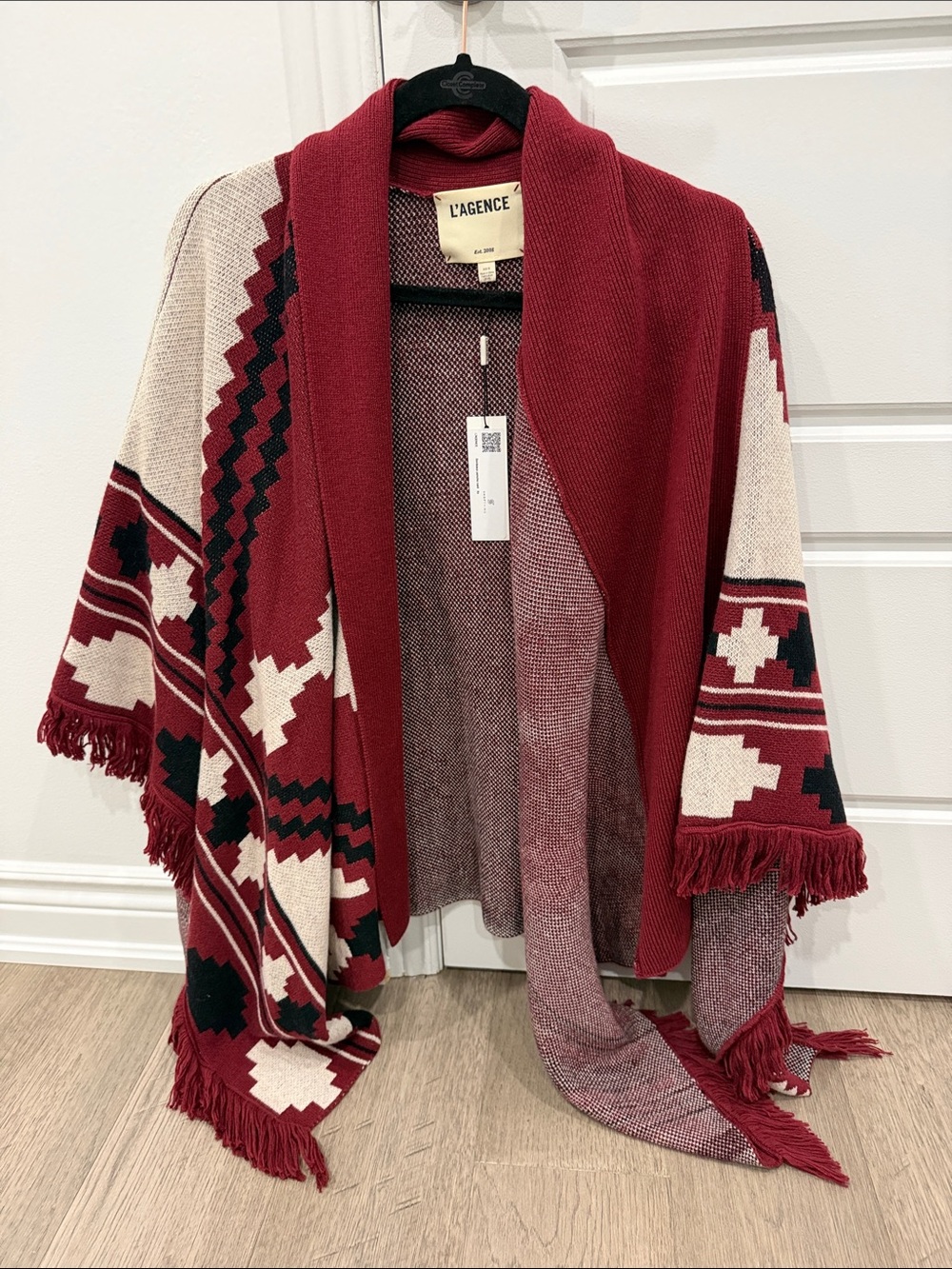 L'AGENCE Red, Cream & Black Aztec Knit Fringe Wrap
